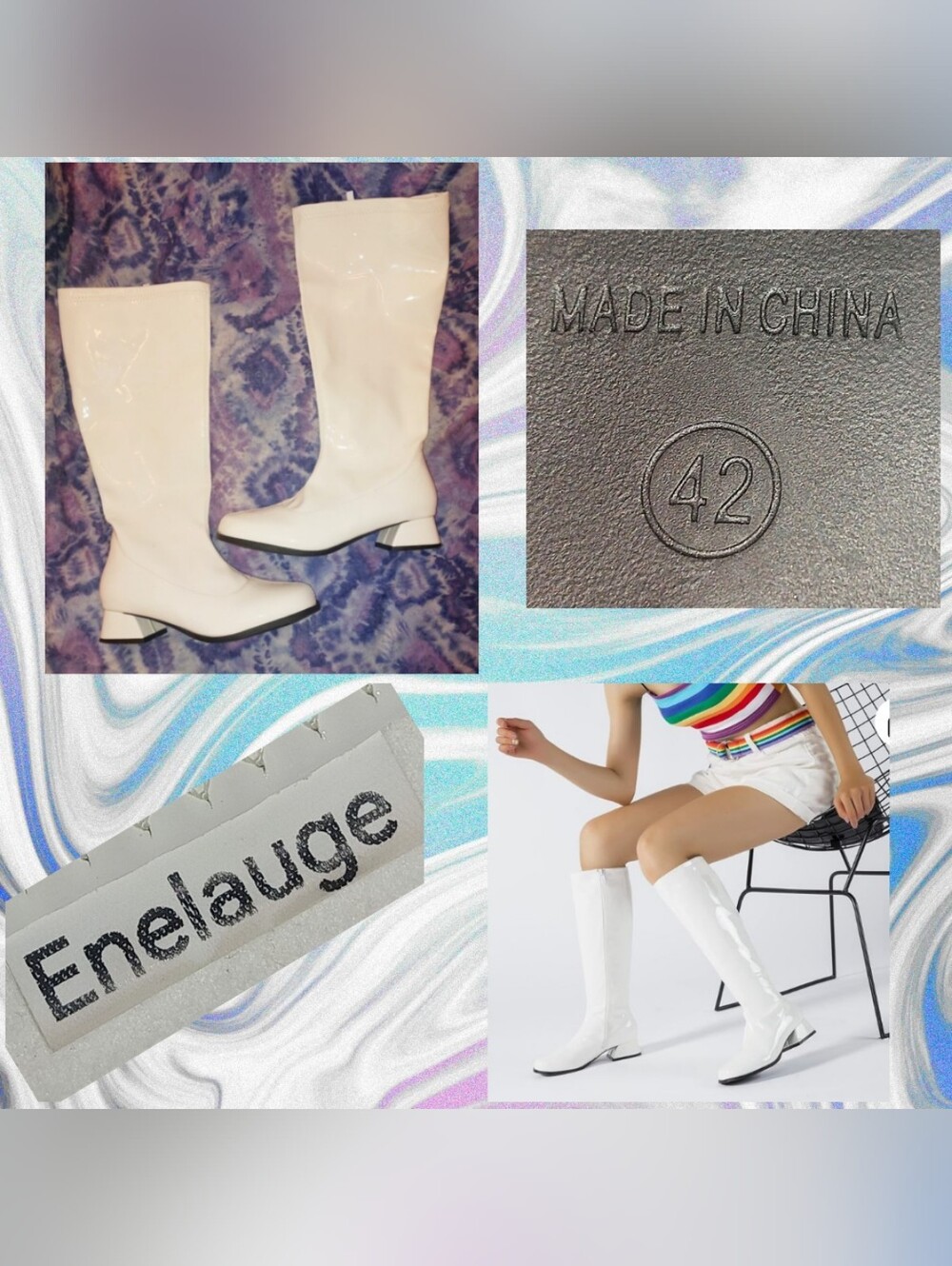 Enelauge Wht 60s Inspired Gogo Knee High Boots w/Square Toe & Chunky Heels 9-10